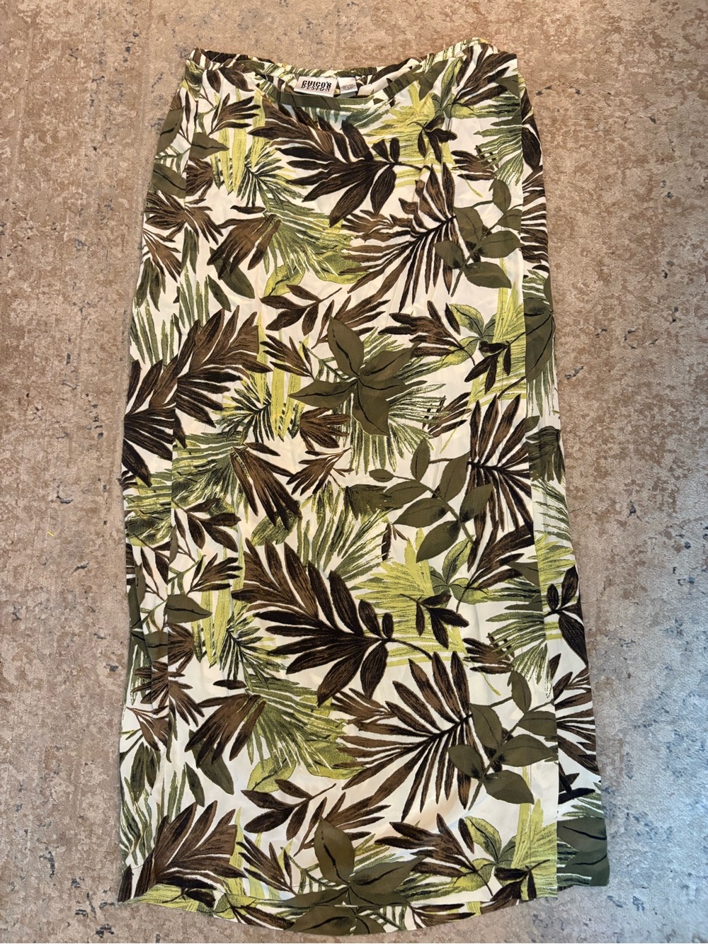 Chico’s 100% Silk Tropical Leaf Print Skirt in Olive & Brown size 1